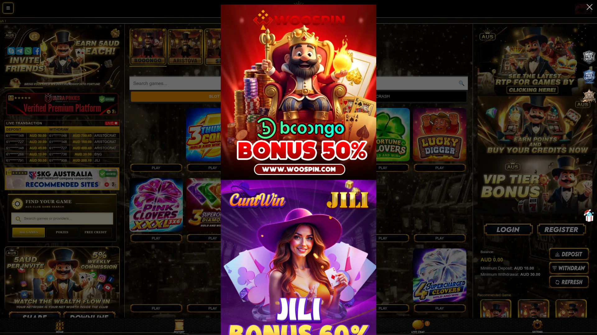 Ausclub Casino desktop casino interface with promotional and game sections